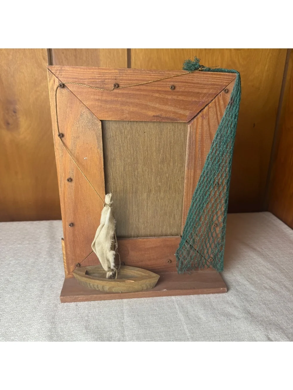 Vintage Nautical Wooden 4x6 Picture Frame With Sailboat & Fishing Net Accent